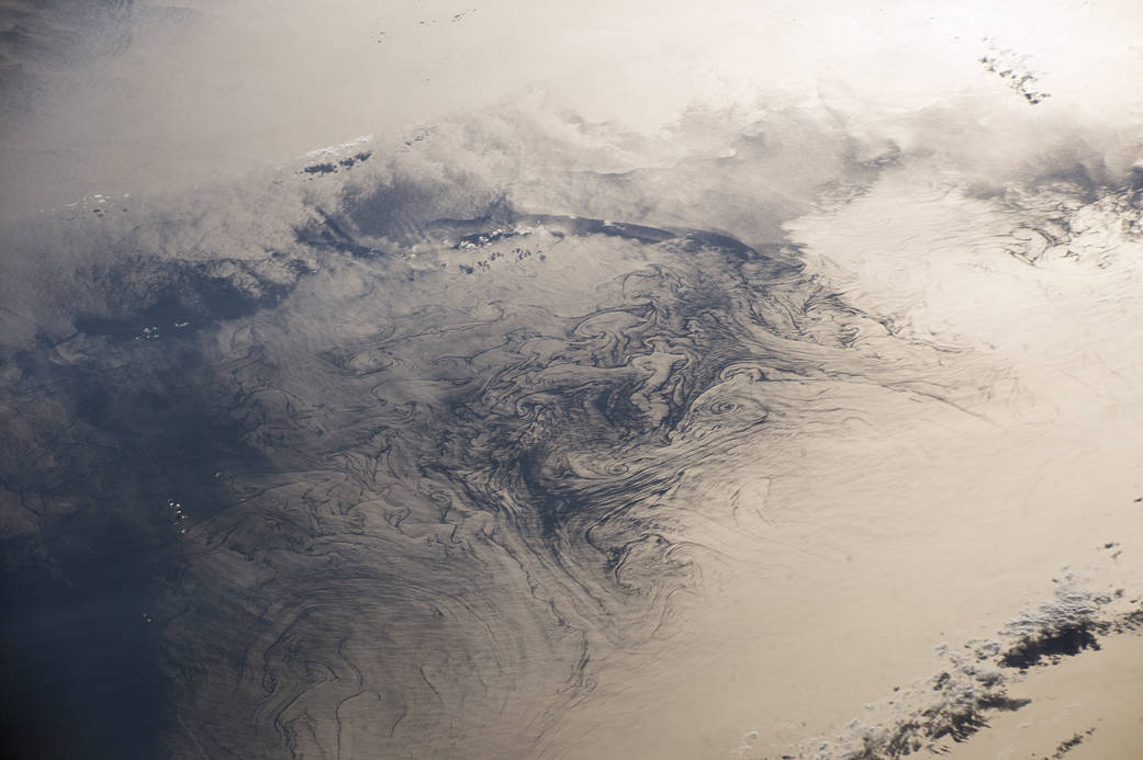 Sunglint on water in gulf, photographed from orbit