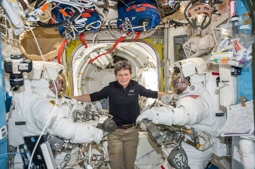 Astronaut Peggy Whitson with Spacewalkers Thomas Pesquet and Shane Kimbrough