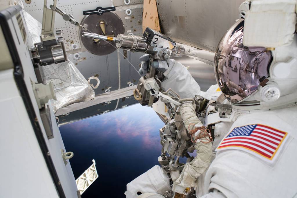 Astronaut Drew Feustel is pictured outside of the International Space Station