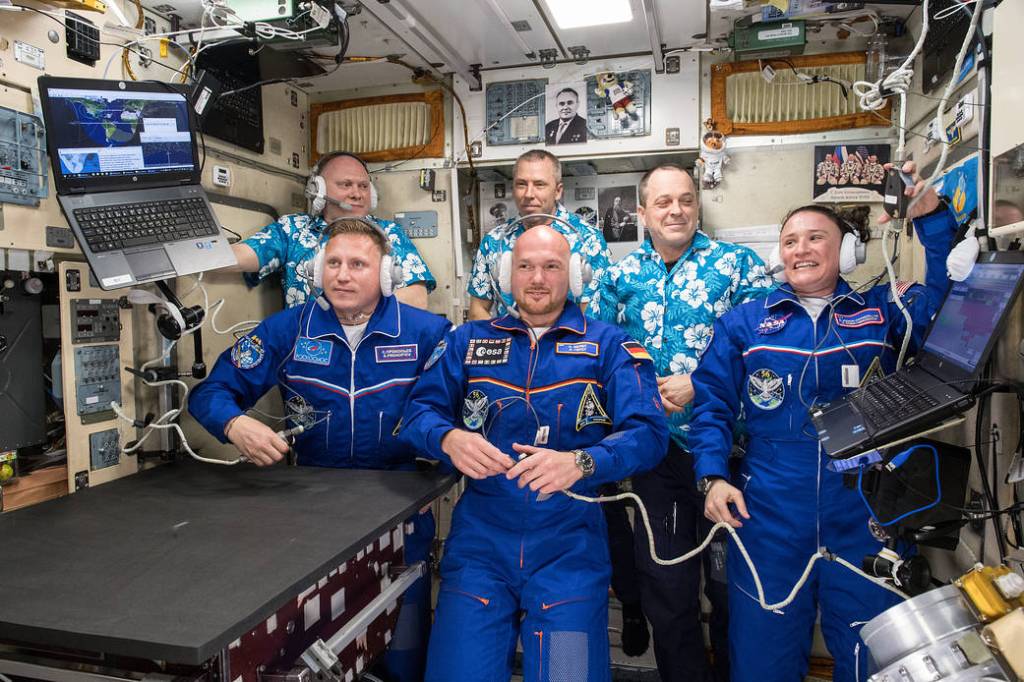 The newly-expanded six-member Expedition 56 crew