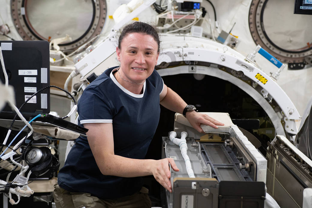 Expedition 56 Flight Engineer Serena Auñón-Chancellor installs the NanoRacks Cubesat Deployer-14