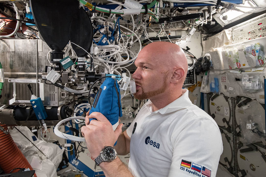 Astronaut Alexander Gerst Exhales into an Ultra-Sensitive Gas Analyzer