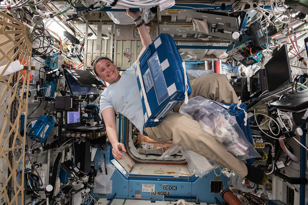 Expedition 56 Flight Engineer Serena Auñón-Chancellor works with science gear