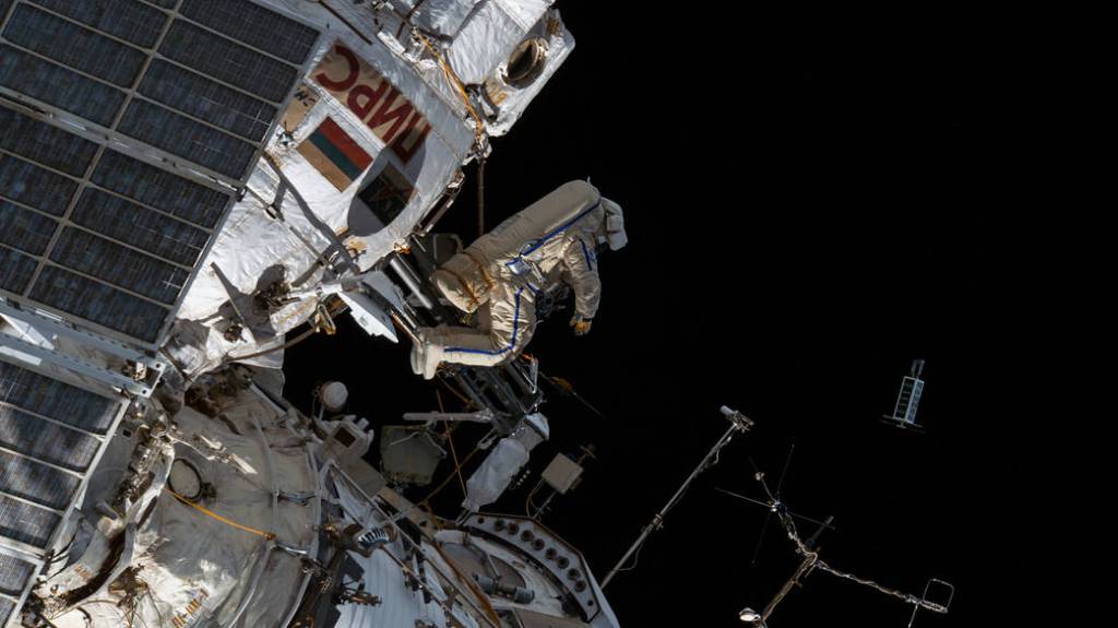 Roscosmos cosmonaut Sergey Prokopyev during a spacewalk