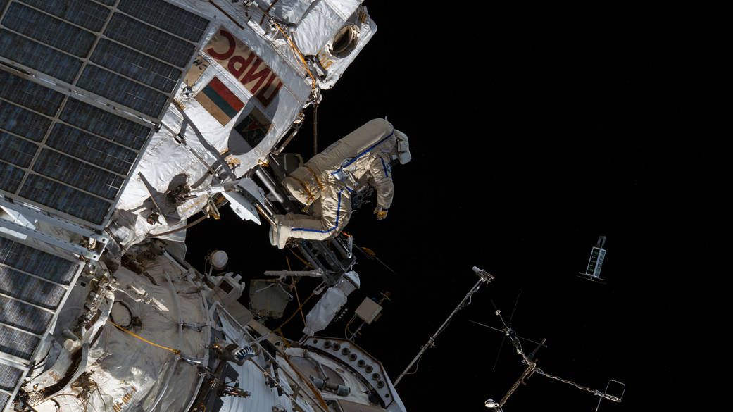 Roscosmos cosmonaut Sergey Prokopyev during a spacewalk