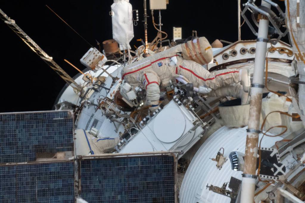 Roscosmos cosmonaut Oleg Artemyev during a spacewalk