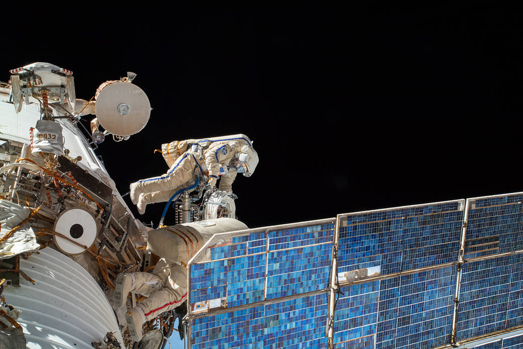 Cosmonauts Sergey Prokopyev and Oleg Artemyev during a spacewalk