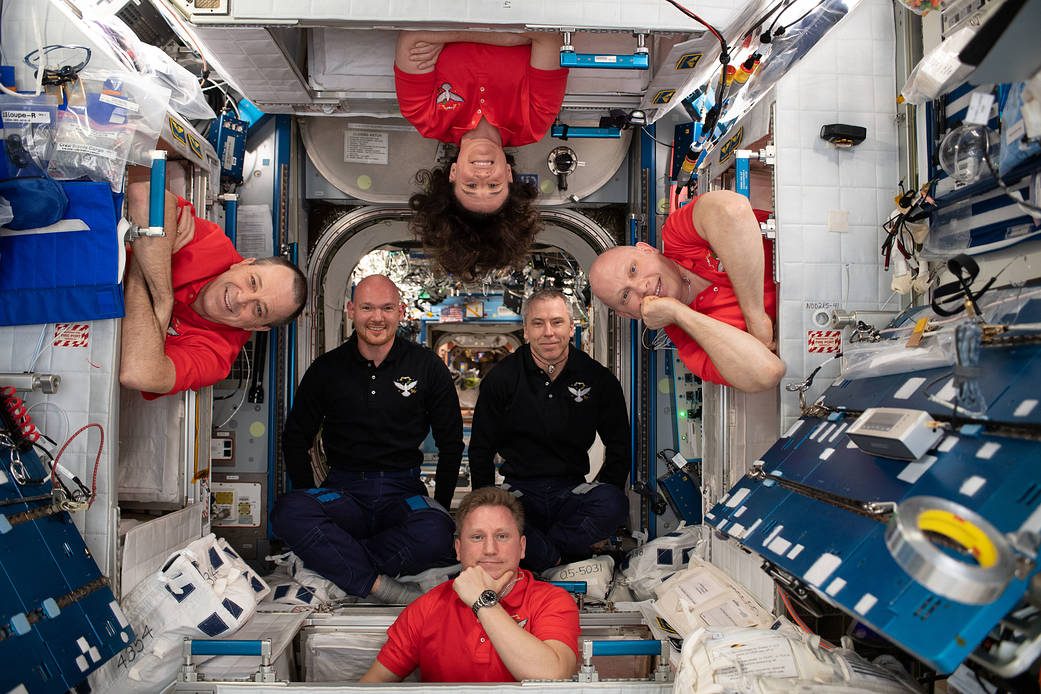 The Expedition 56 crew poses for a portrait in the Harmony module