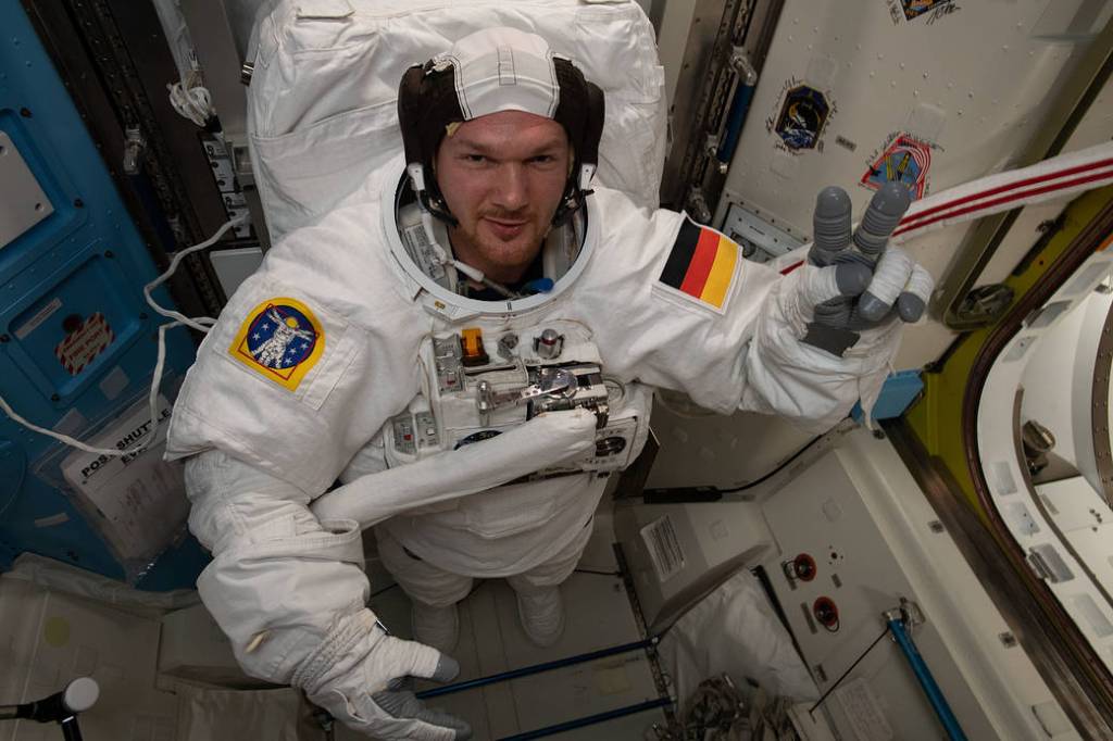 ESA (European Space Agency) astronaut Alexander Gerst is pictured wearing a U.S. spacesuit