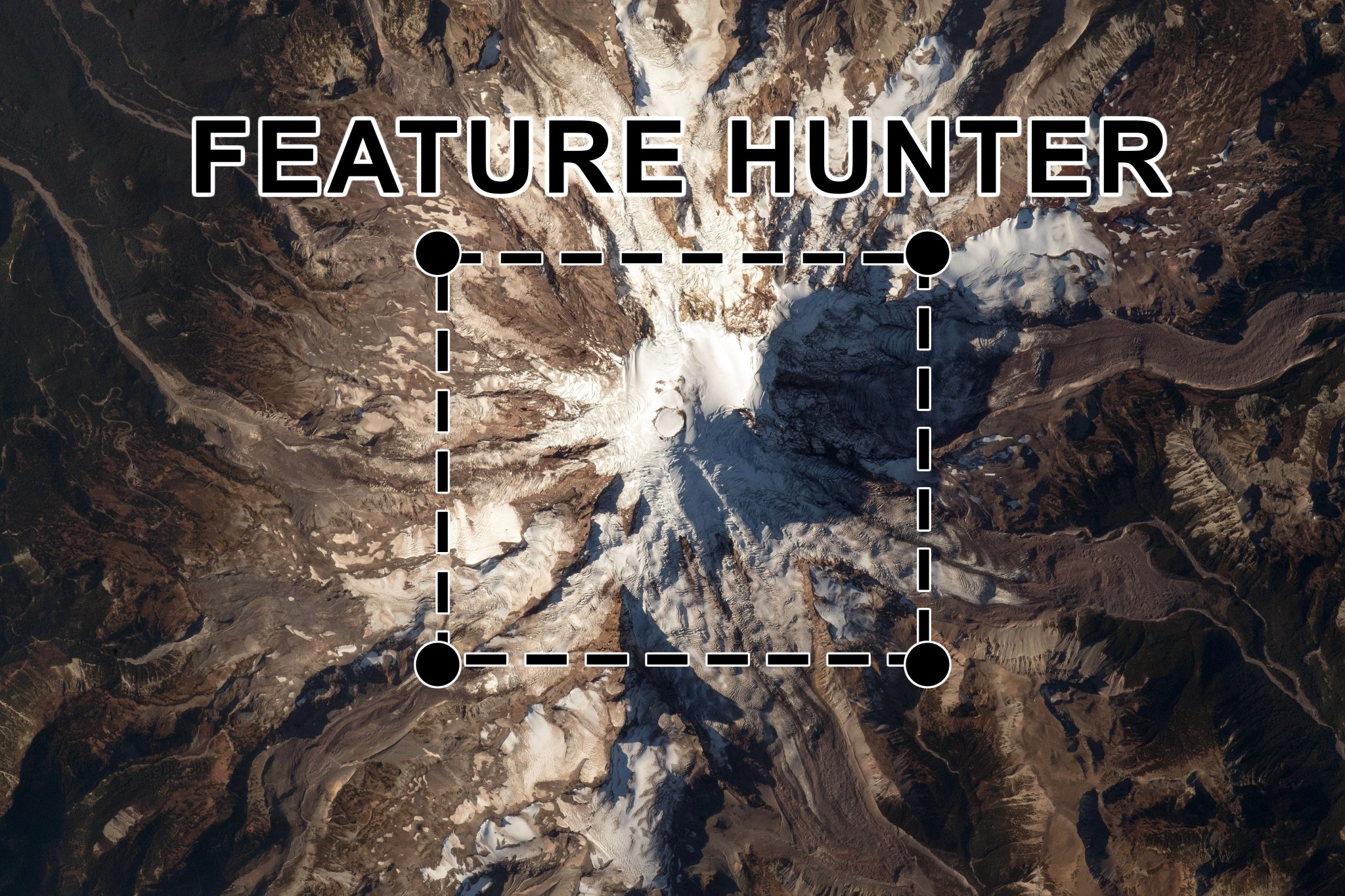 Aerial shot of land and water with a square mark on part of the land with text that reads "Feature Hunter"