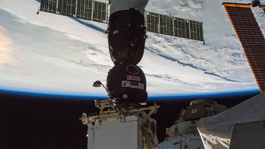 The Soyuz MS-12 spacecraft docked to the Rassvet module