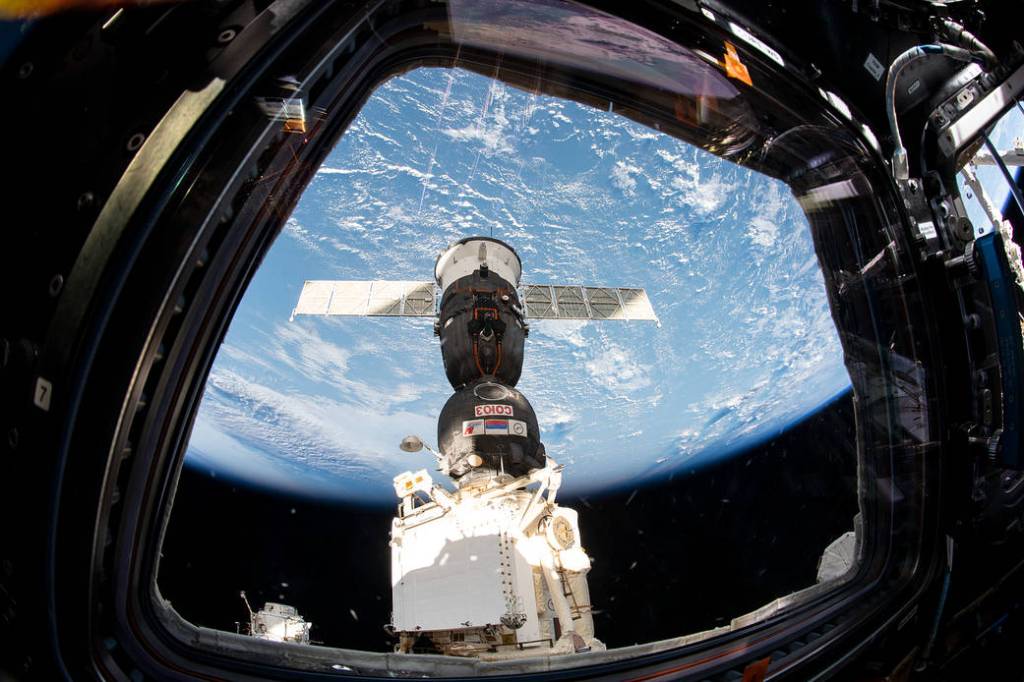 The Soyuz MS-12 spacecraft docked to the Rassvet module