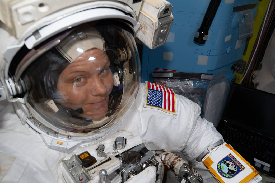 NASA astronaut Anne McClain is suited up in the U.S. Quest airlock