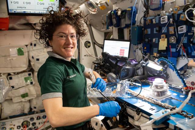 NASA astronaut Christina Koch works on space botany research