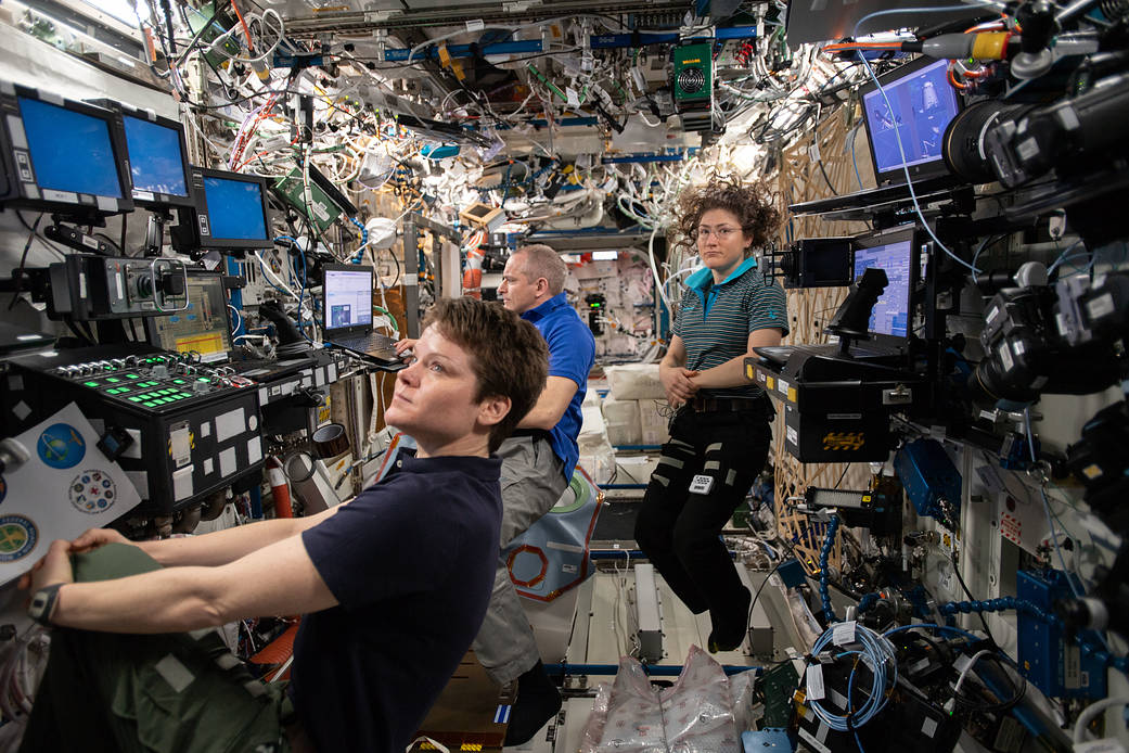 Expedition 59 crew members inside the U.S. Destiny laboratory