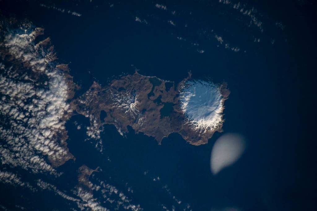 The snow-capped Kiska Volcano on Kiska Island