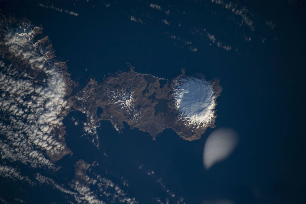 The snow-capped Kiska Volcano on Kiska Island