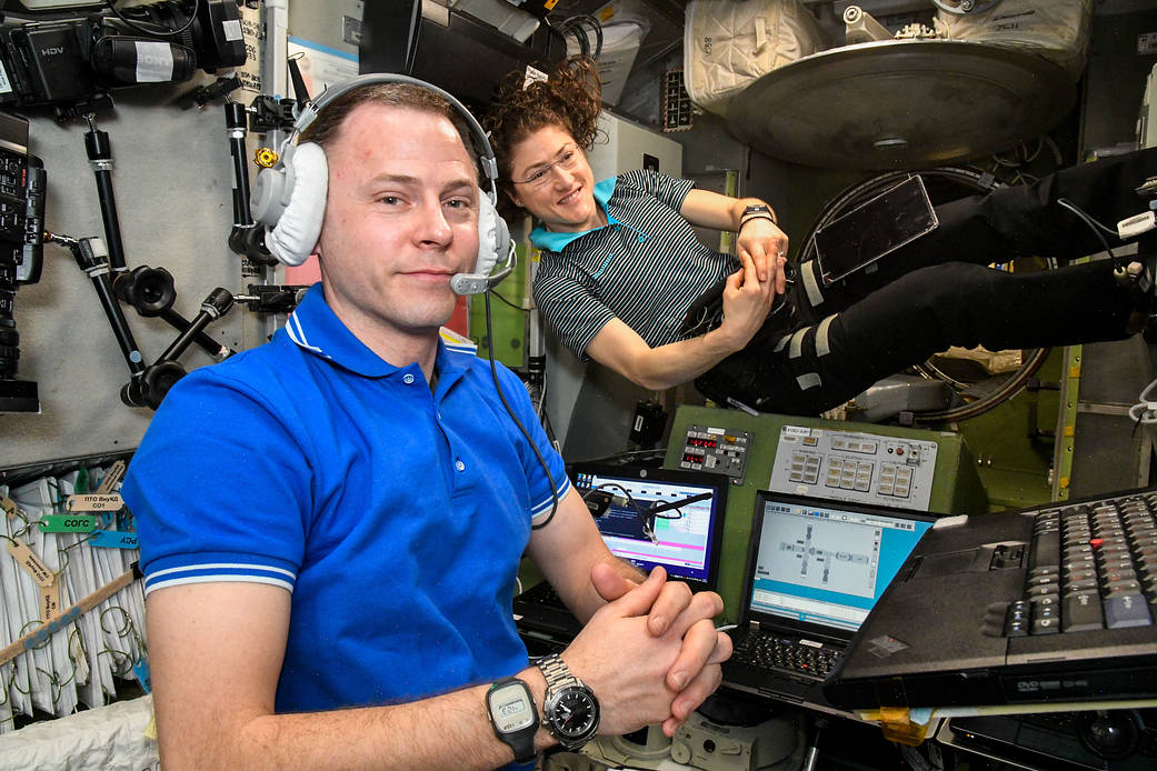 NASA astronauts Nick Hague and Christina Koch practice emergency procedures