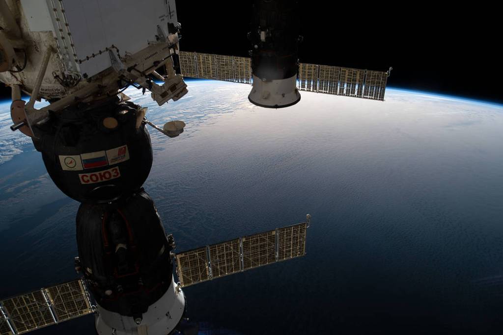 Two docked Russian spaceships 263 miles above the Atlantic Ocean