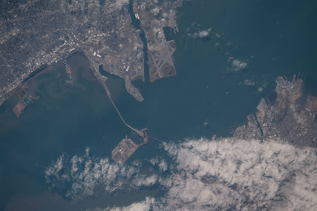 San Francisco Bay, Treasure Island, Oakland and a cloud-covered San Francisco