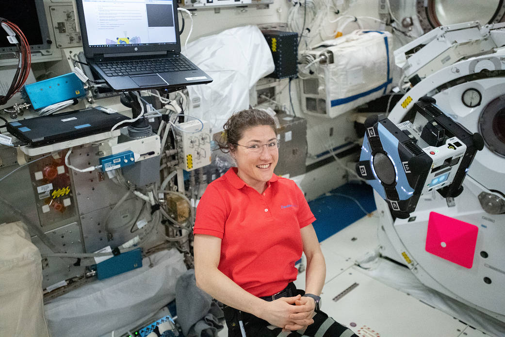 Flight Engineer Christina Koch monitors Astrobee