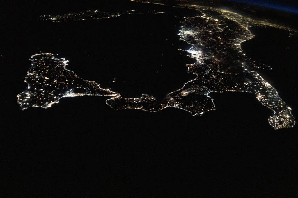 Night view of Italy and Sicily from the space station