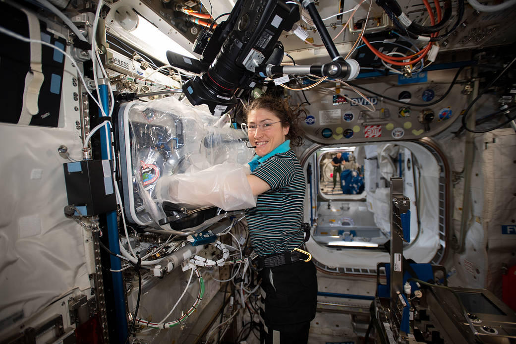 Christina Koch of NASA works with the BioFabrication Facility