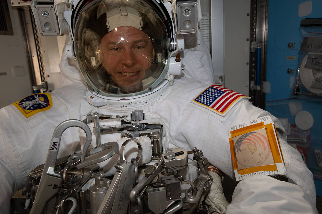 NASA astronaut Nick Hague preparing for a spacewalk