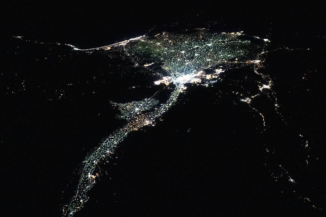 Nighttime view of the Nile River and its delta
