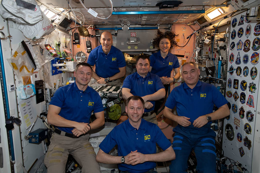 The six-member Expedition 60 crew from the United States, Russia and Italy
