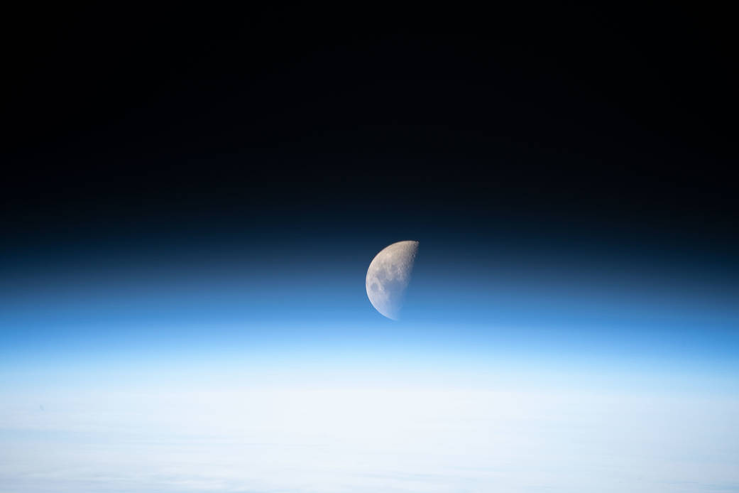 A first quarter Moon is pictured from the International Space Station