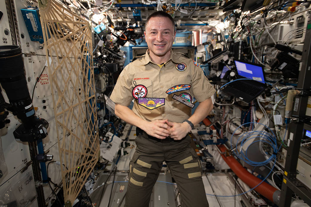 Astronaut Andrew Morgan poses in his Boy Scouts of America uniform