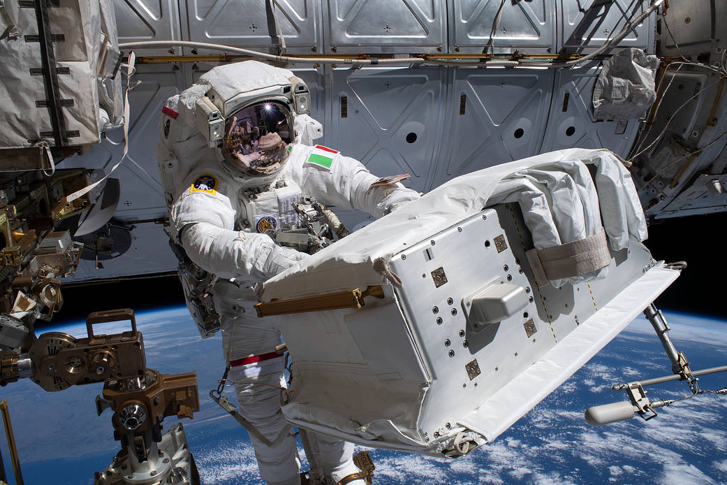 Astronaut Luca Parmitano during the third spacewalk to upgrade the AMS