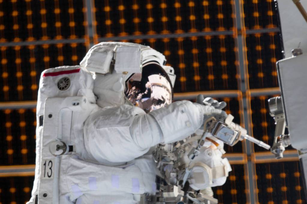 NASA astronaut Jessica Meir is pictured during a spacewalk