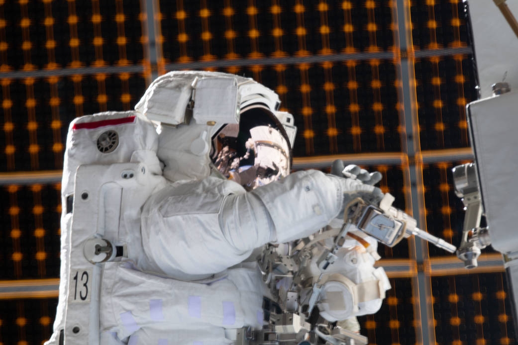 NASA astronaut Jessica Meir is pictured during a spacewalk