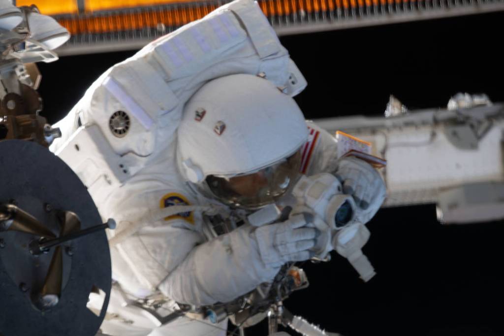 NASA astronaut Christina Koch is pictured during a spacewalk