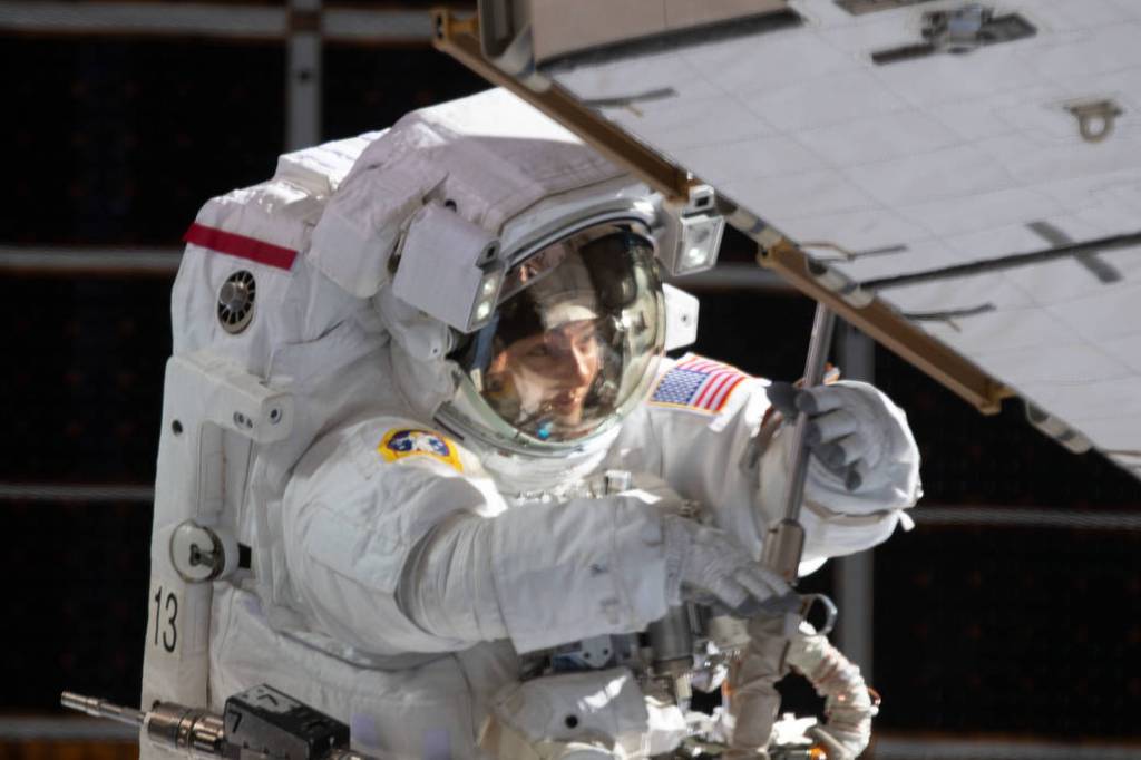NASA astronaut Jessica Meir is pictured during a spacewalk