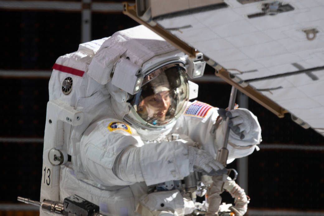 NASA astronaut Jessica Meir is pictured during a spacewalk