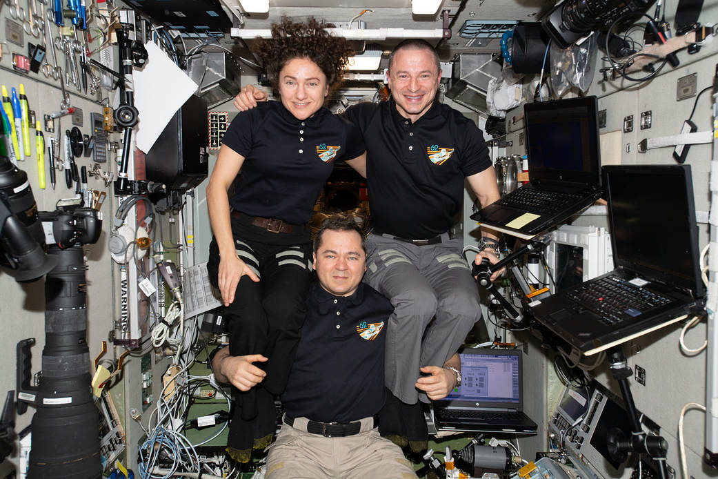 Expedition 62 crewmates Oleg Skripochka, Jessica Meir and Andrew Morgan