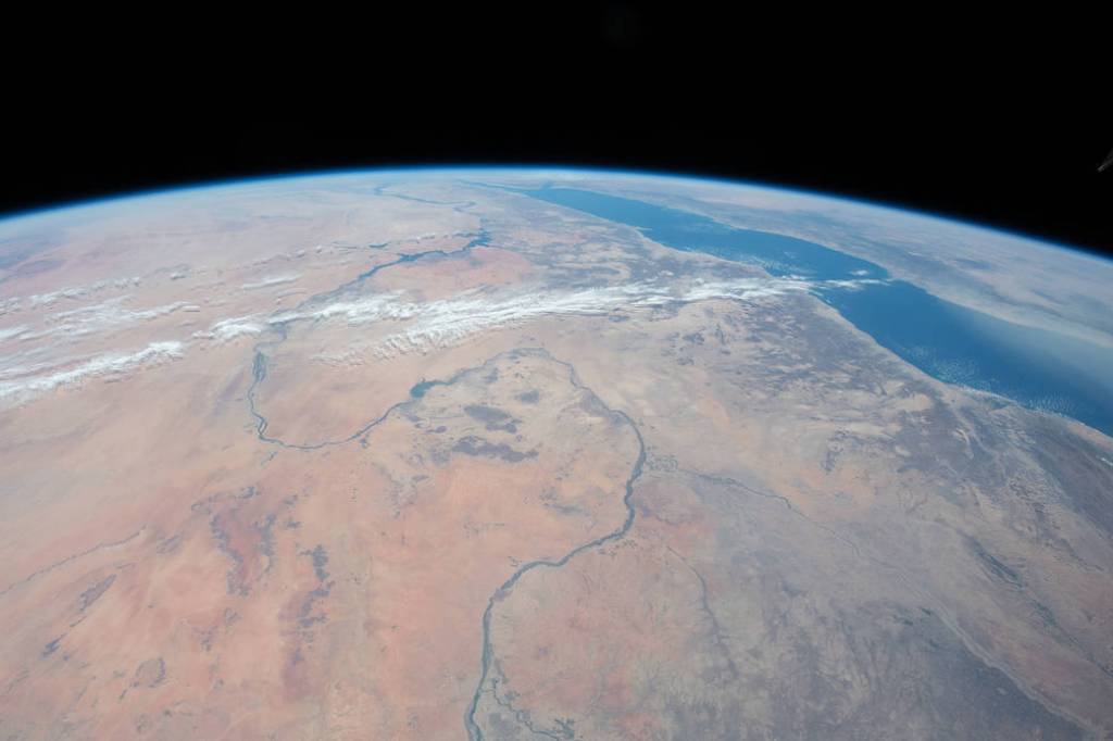 The Nile River winding northward next to the Red Sea