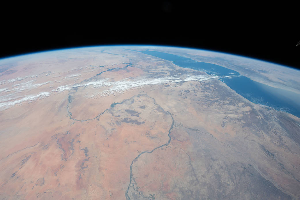 The Nile River winding northward next to the Red Sea