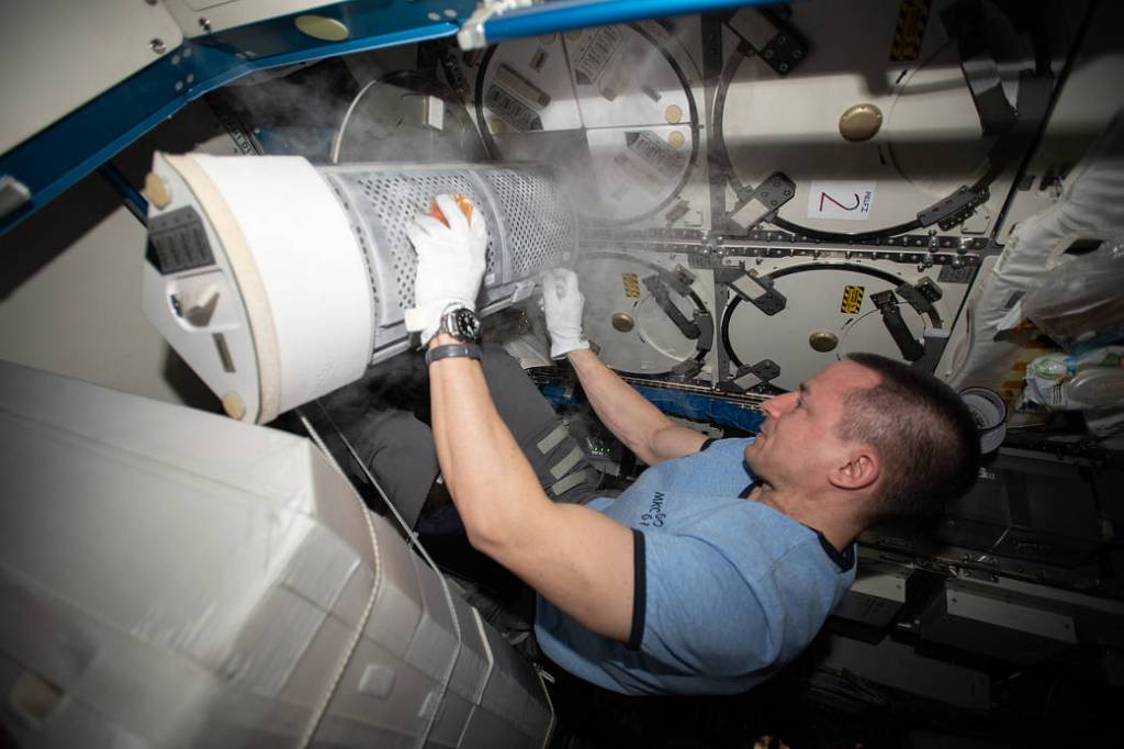 NASA astronaut Andrew Morgan retrieves gut microbe samples