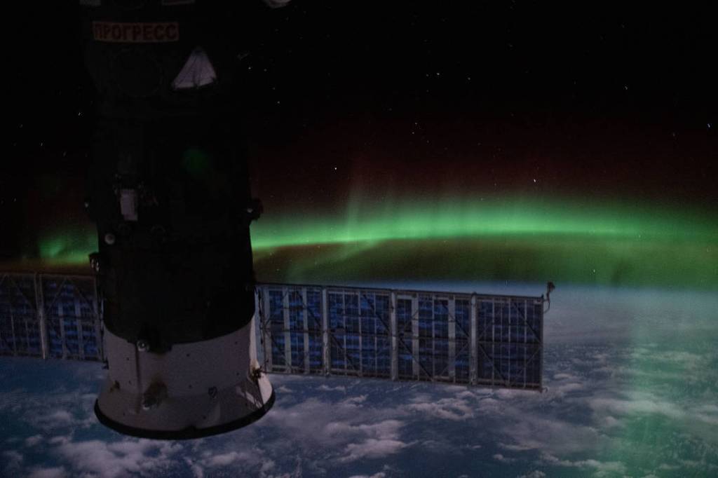 The “aurora australis” and a starry sky above the Indian Ocean