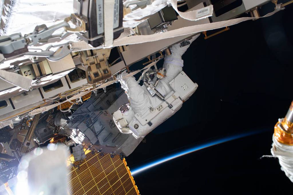 NASA astronaut Chris Cassidy works during a six-hour spacewalk
