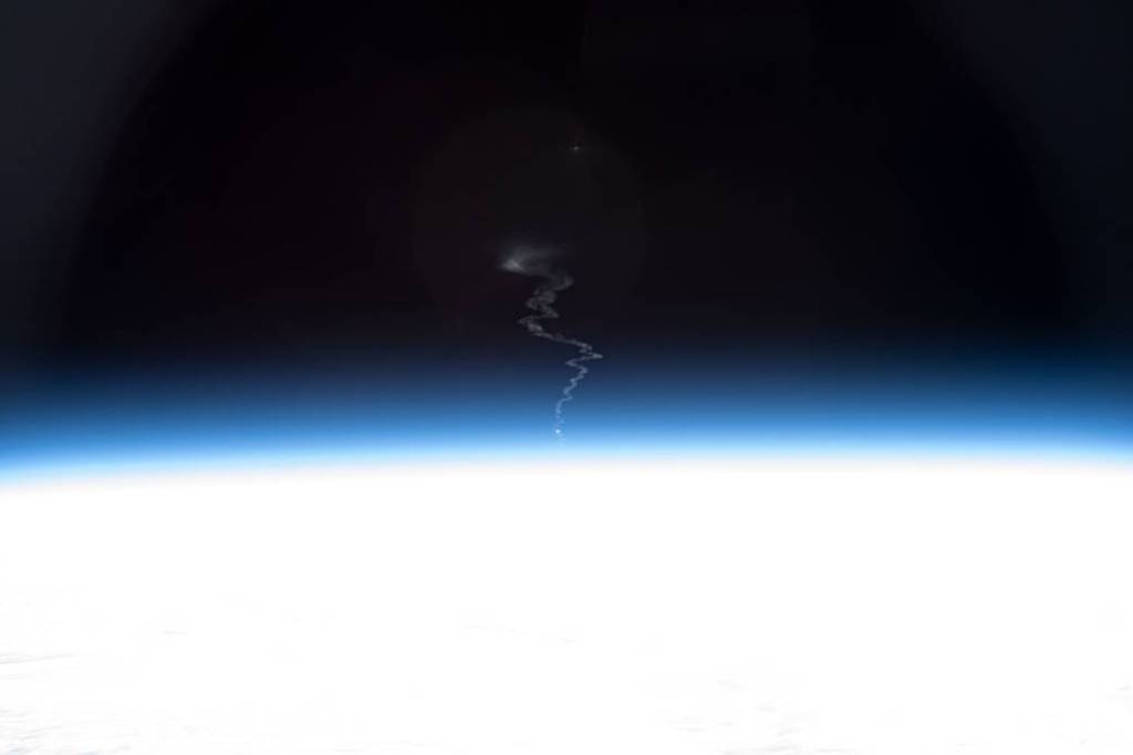 The launch plume of Russia’s Progress 76 resupply ship