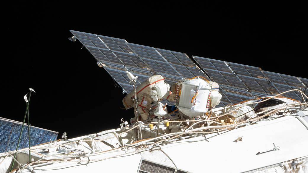 Expedition 64 cosmonauts during a spacewalk