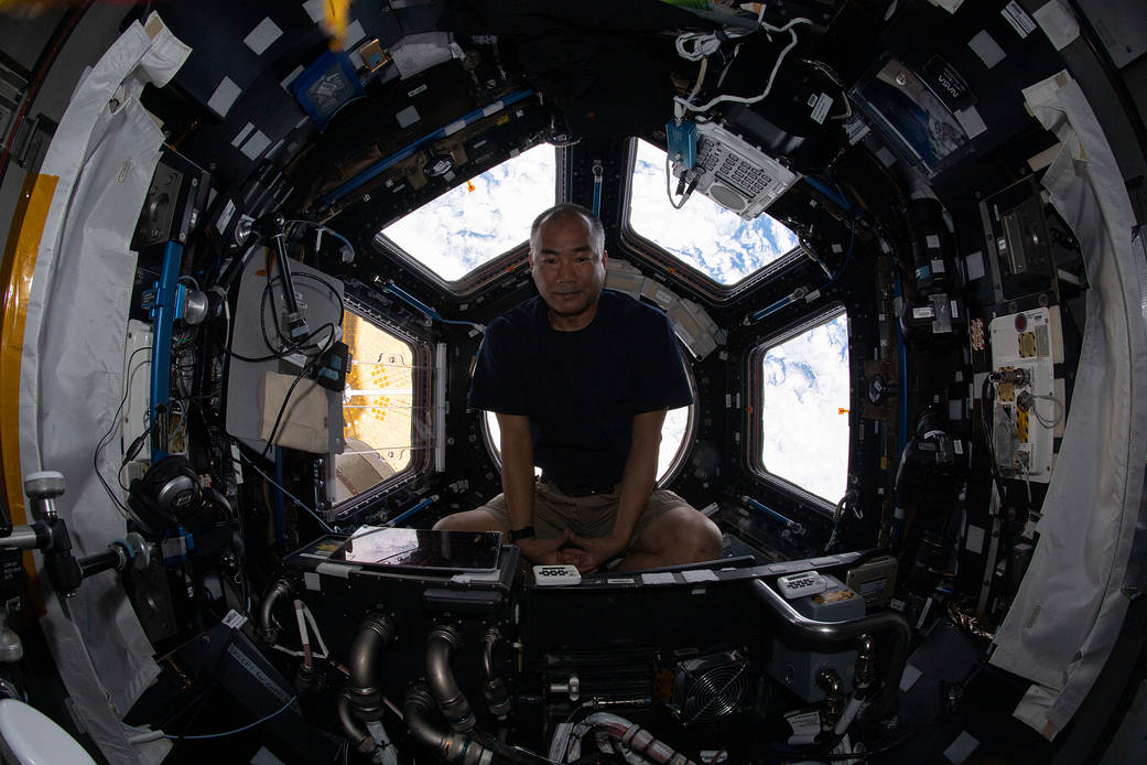 Expedition 64 Flight Engineer Soichi Noguchi relaxes inside the cupola