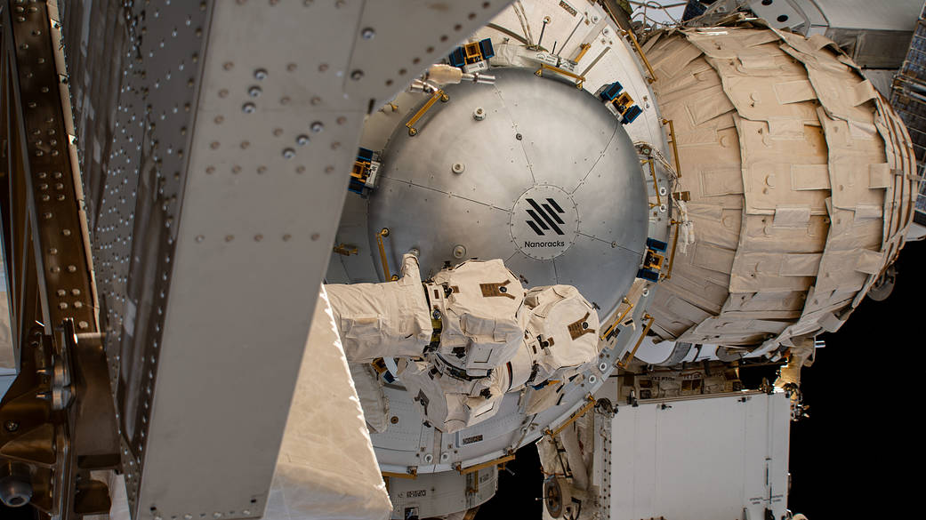 The NanoRacks Bishop airlock is pictured next to BEAM