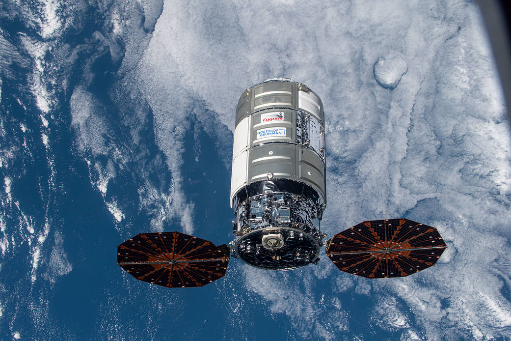 The Cygnus space freighter is pictured after its release