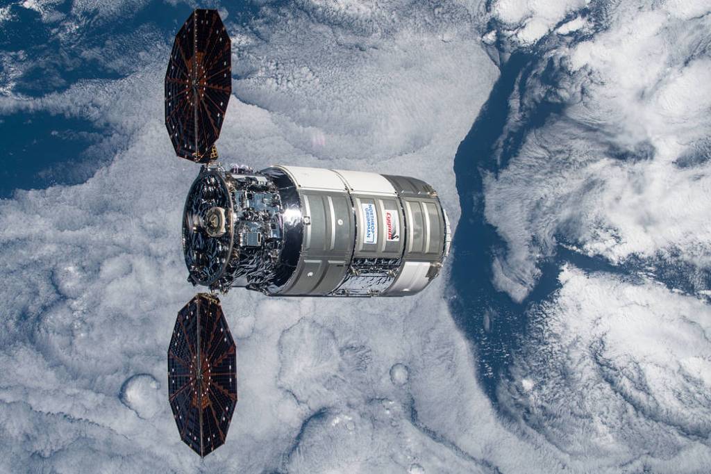 The Cygnus space freighter is pictured after its release